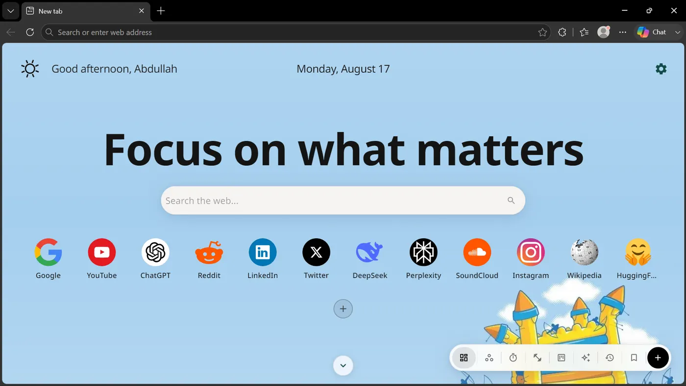 WorkZone new tab open in the browser, showing shortcuts and search