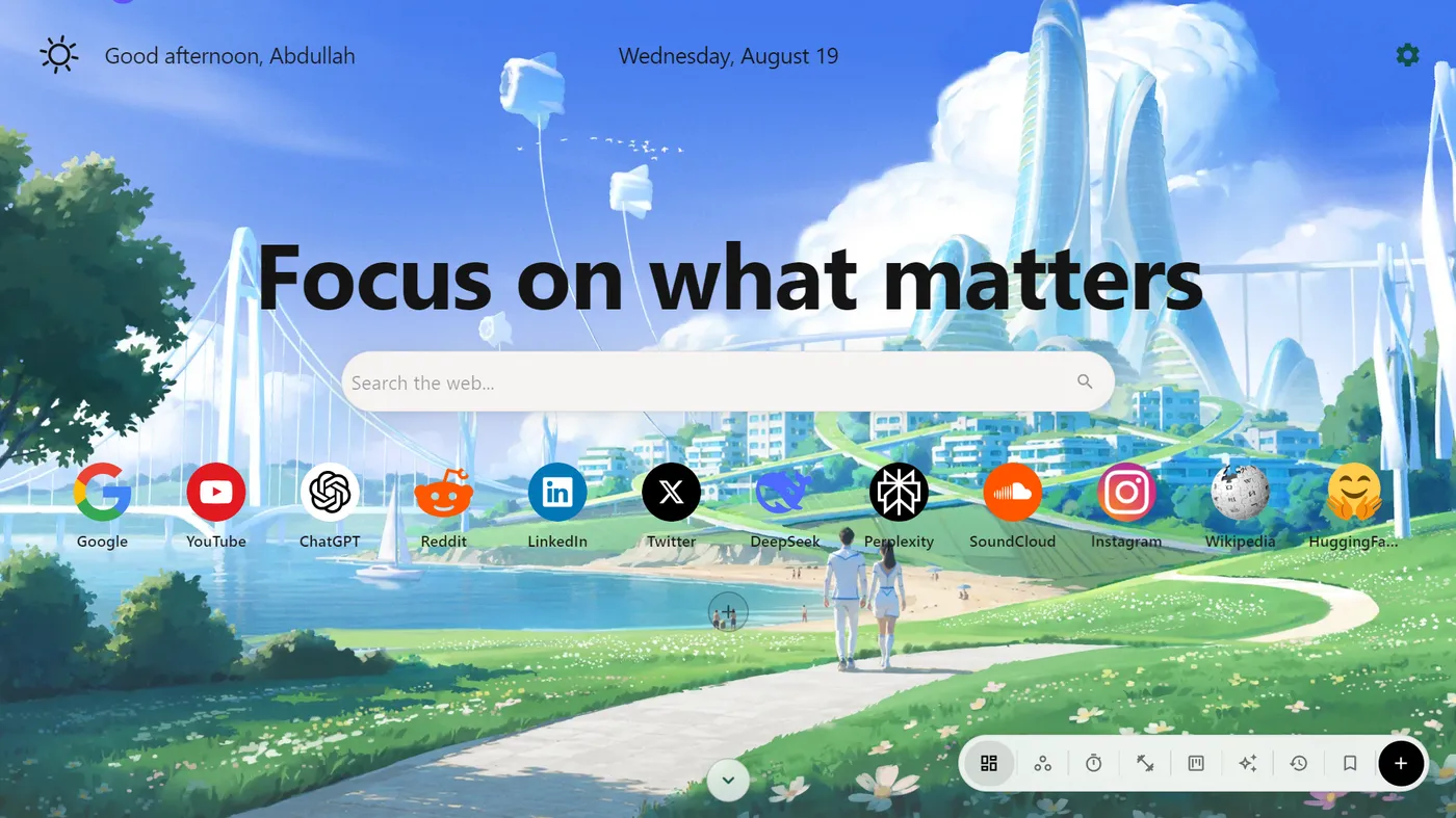 WorkZone new tab with a futuristic city wallpaper, shortcuts, and search