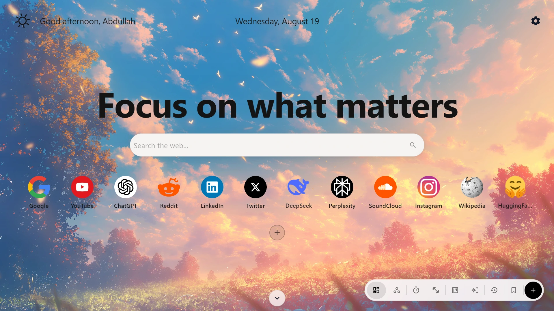 WorkZone new tab with a sunset wallpaper, shortcuts, and search
