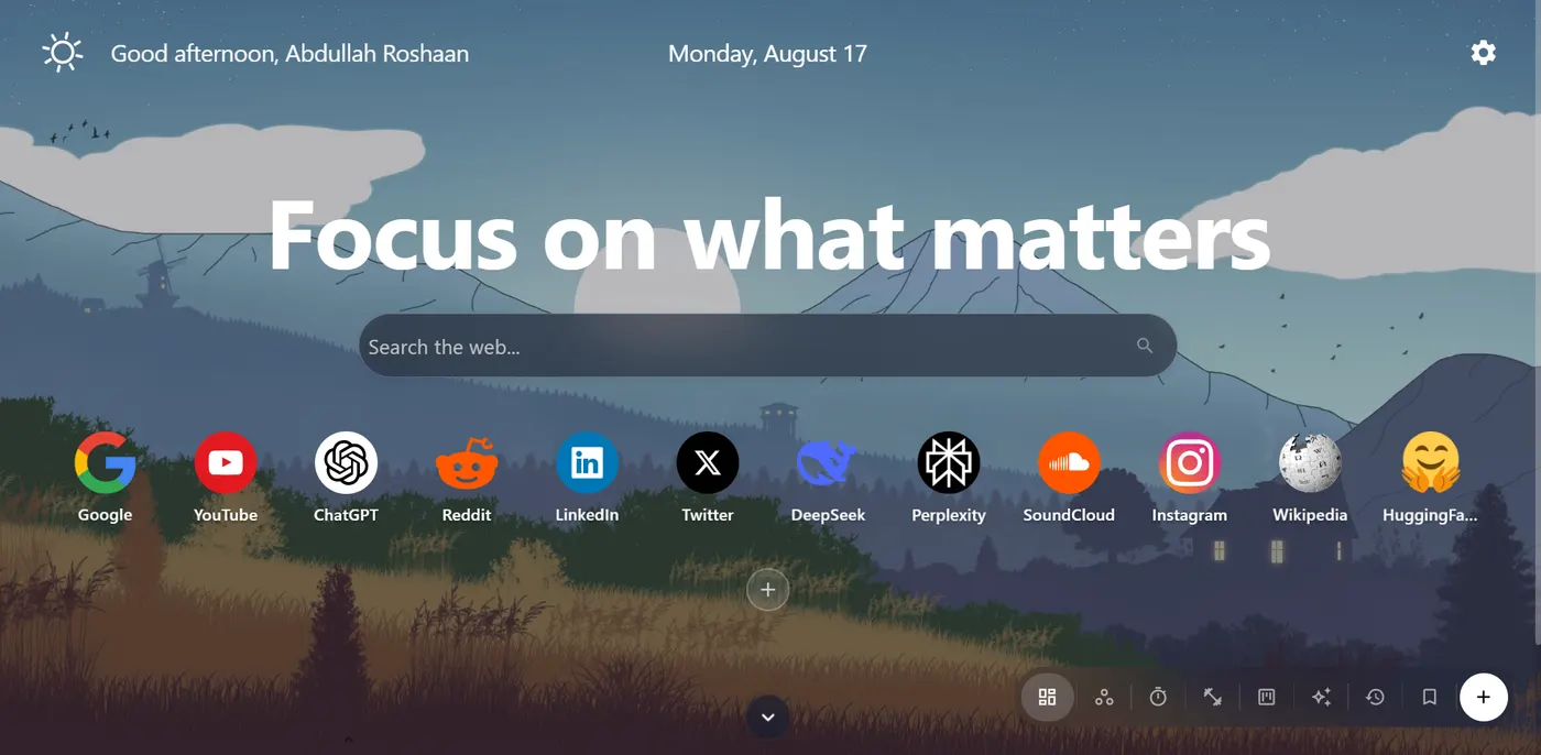 WorkZone new tab with a custom wallpaper, personalized greeting, and quick-launch shortcuts