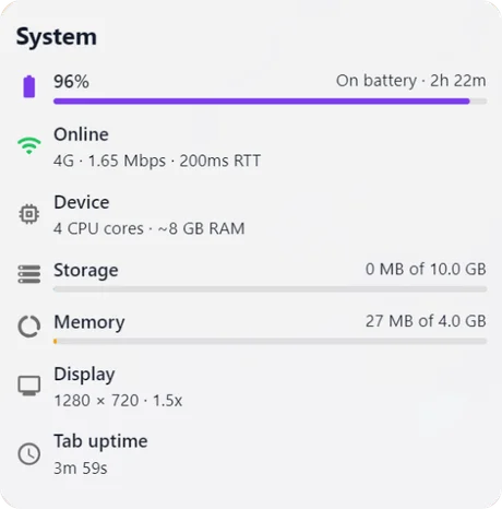 WorkZone system status widget showing battery, network, and storage