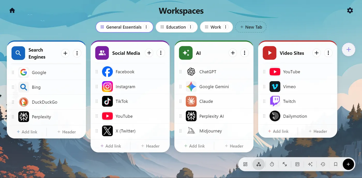 WorkZone workspaces in light mode organizing bookmarks into categorized boards